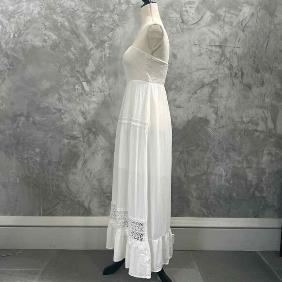 White Strapless Boho Embroidered A-Line Dress Holiday Wedding Romantic Festival - Picture 3 of 12